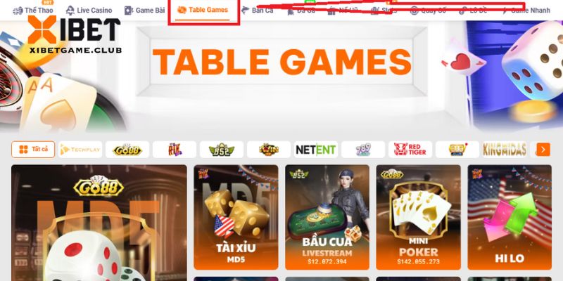 Bạn lựa chọn danh mục table game trên trang web XIBET