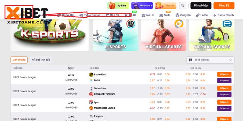Bạn lựa chọn danh mục thể thao trên trang web XIBET